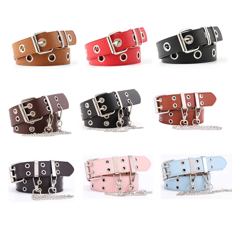 

Women Punk Chain Leather Belt Adjustable Double/Single Row Hole Pin Buckle Waist Belts Jeans Cinturones Decorative Belt