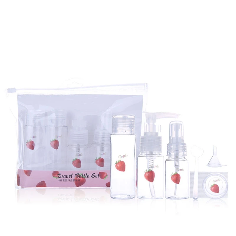 

8Pcs Travel Empty Bottles Set Cute Strawberry Clear Plastic Makeup Toiletry Container Cosmetic Sprayer Jars Dispensers