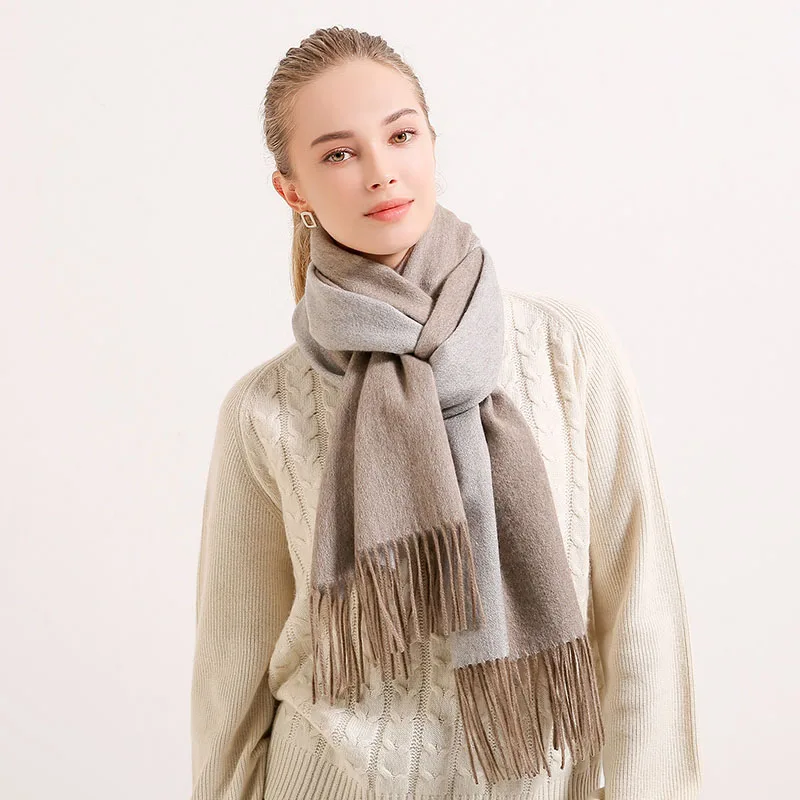Реверсивные шарфы из чистой шерсти женские двухсторонние брендовые Теплые шали обертывания для дам однотонный зимний шерстяной шарф Warps подарок