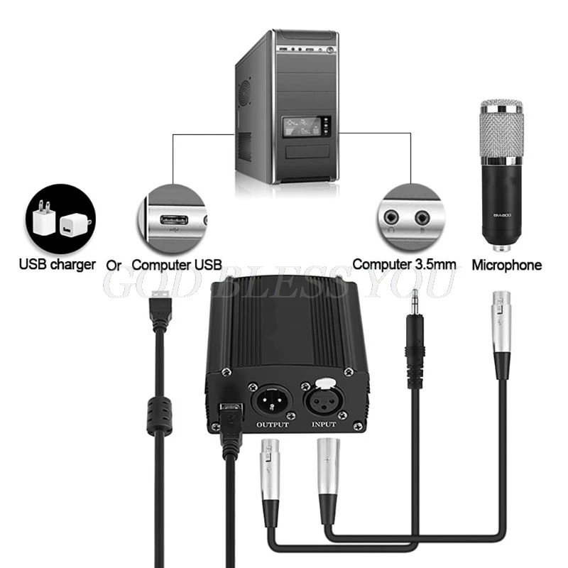 Portable 1 Channel 48V USB Phantom Power USB Cable XLR 3Pin Microphone Cable for 