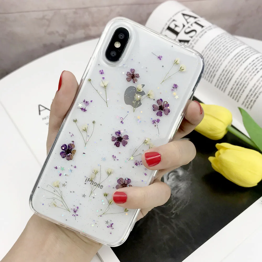 Настоящий силиконовый чехол с высушенными цветами для телефона XS XR 11 Pro Max
