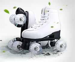 NEW 2020 Women Female Double Line Adult Quad Parallel Figure Skates Shoes Boots PU 4 Wheels Shockproof Breathable White