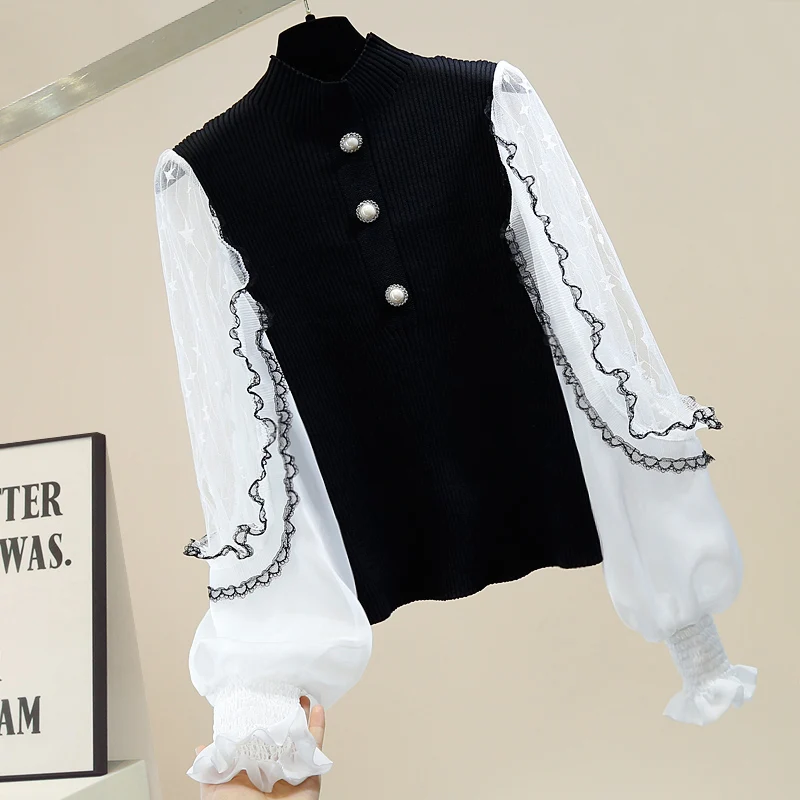 

Fashion Mesh Panel Ruffle Trim Button Decorative Elegant Shirt Lotus Leaf Bell-Sleeve Blouse Ladies Cropped Shirt Pull Femme