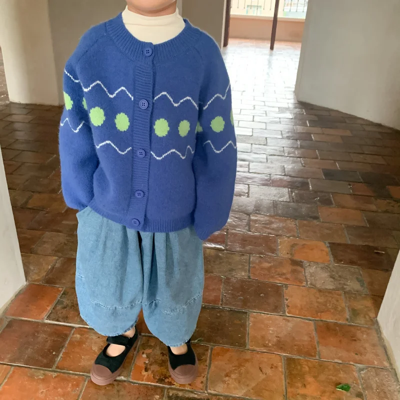 2-7T Children Polka Dot Sweater Fashion Long Sleeve Sweaters For Boys And Girls Soft Loose Casual Knitted Cardigans