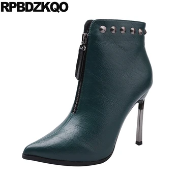 

Extreme Shoes Stiletto Booties Women Boots Winter 2019 Metal Rivet Designer Front Zipper Ankle Stud High Heel Green Pointed Toe