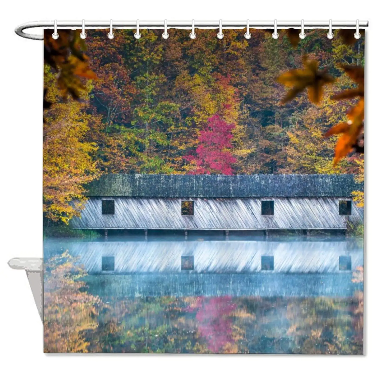 

Cambron Covered Bridge in Green Mountain Park Shower Curtains for Bathroom Waterproof Decorative Shower Curtain Fabric Farmhouse