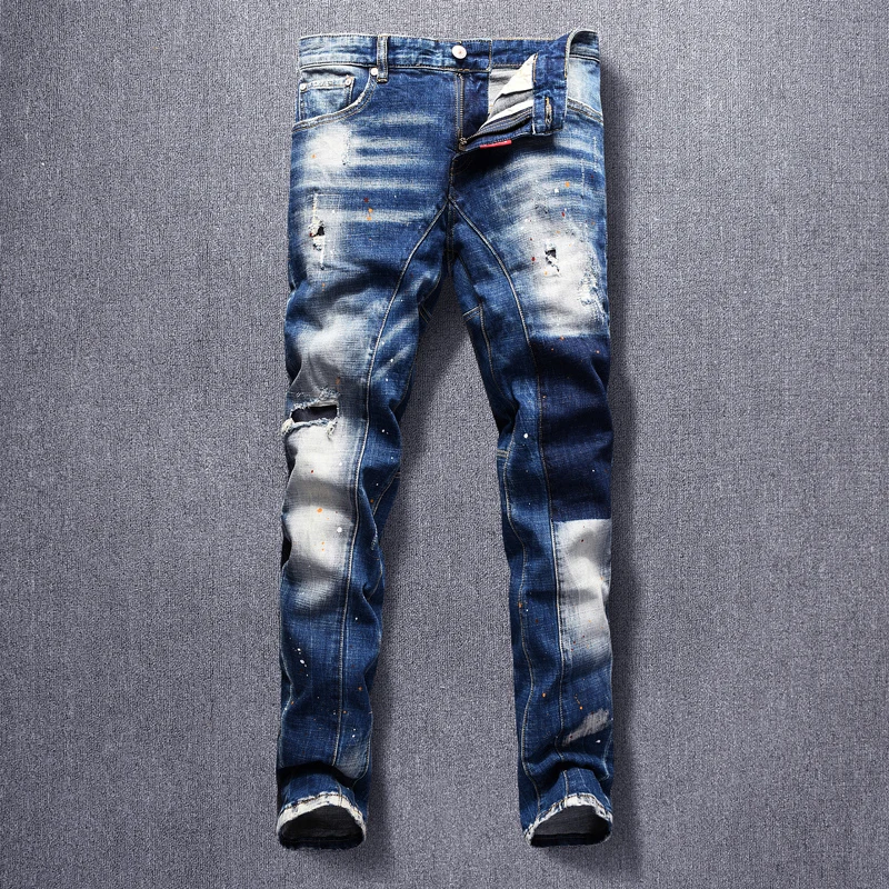 

Italian Style Fashion Men Jeans Retro Blue Slim Fit Painted Designer Ripped Denim Trousers Streetwear Hip Hop Biker Pants Homme
