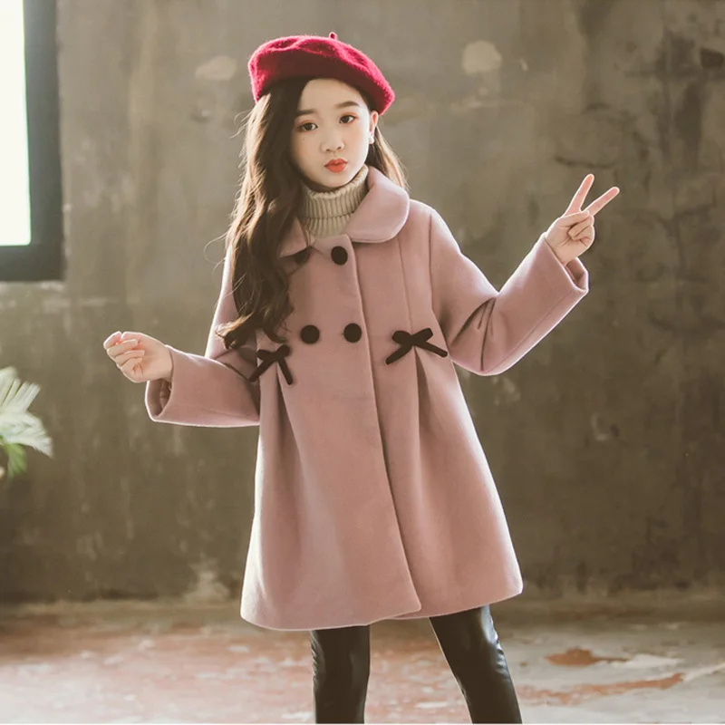 Детская куртка для девочек, зимнее шерстяное теплое пальто, модная одежда для девочек, детская верхняя одежда, осеннее пальто для девочек 4, 6, 8, 10, 12, 13 лет - Цвет: Розовый