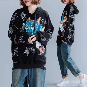 

BIG SIZE 4XL Autumn Winter Women Fashion Elegant Appliques Tops Lady Female Plus Large Long Sleeve Loose Cotton Hood Sweatshirt
