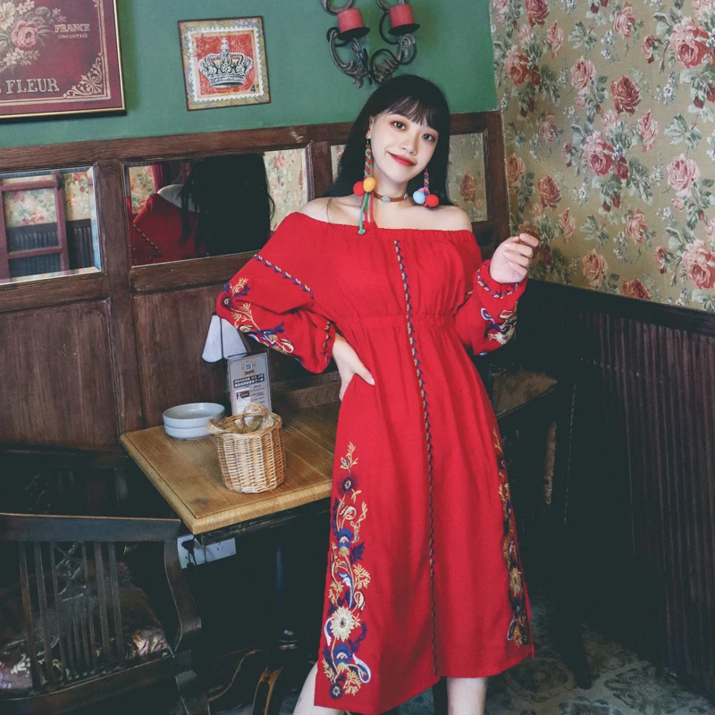 

Spring New Women's Fashion Sexy One-Shoulder Flower Embroidery dress Ethnic Wind Vintage Long Sleeve Red Split Holiday Dress