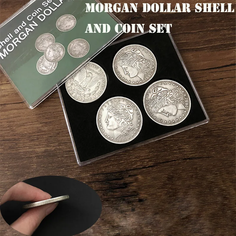 Morgan Dollar Shell And Coin Set (5 Monete + 1 Head Shell + 1 Tail Shell) Trucchi Magici Close Up Illusions Gimmick Prop Coin Magia