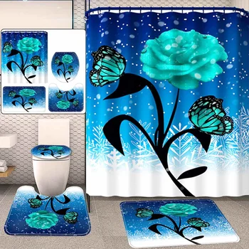 

Blue Rose&Butterfly Bathroom Non-slip Mat Set Durable Waterproof Shower Curtain Set Pedestal Rug Lid Toilet Cover Bath Mat Rugs