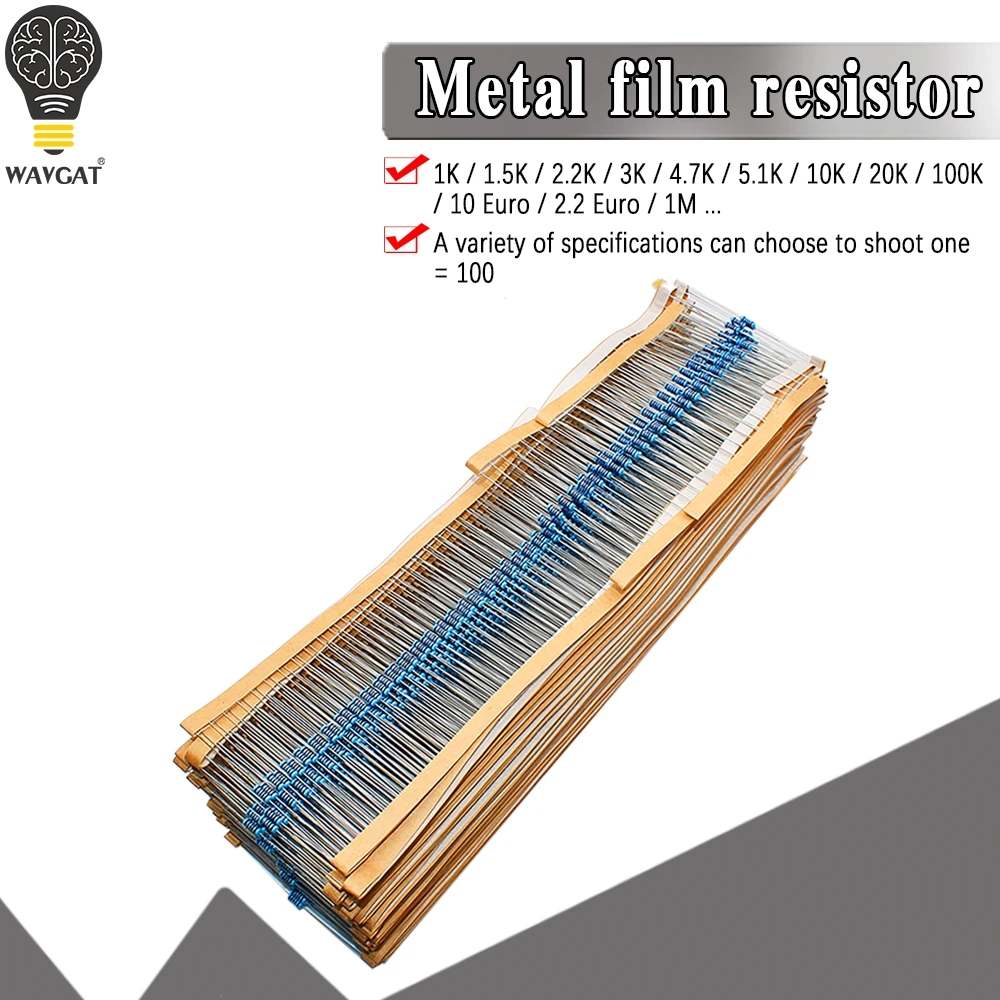 1/4W 1R~22M 1% Metal film resistor 100R 220R 1K 1.5K 2.2K 4.7K 10K 22K 47K 100K 100 220 1K5 2K2 4K7 ohm resistance 100pcs metal film resistor metal film resistors