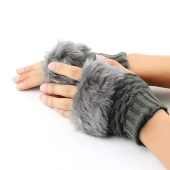 

Women Fingerless Gloves Cute Faux Rabbit Fur Knitted Gloves Female Winter Knitting Warmer Wrist Hand Gloves Mitten#2