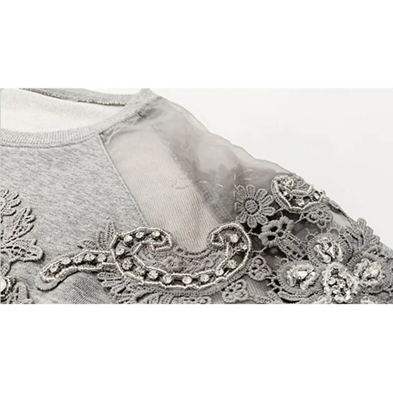 XITAO Patchwork Mesh Sequins Sweatshirt Women 2020