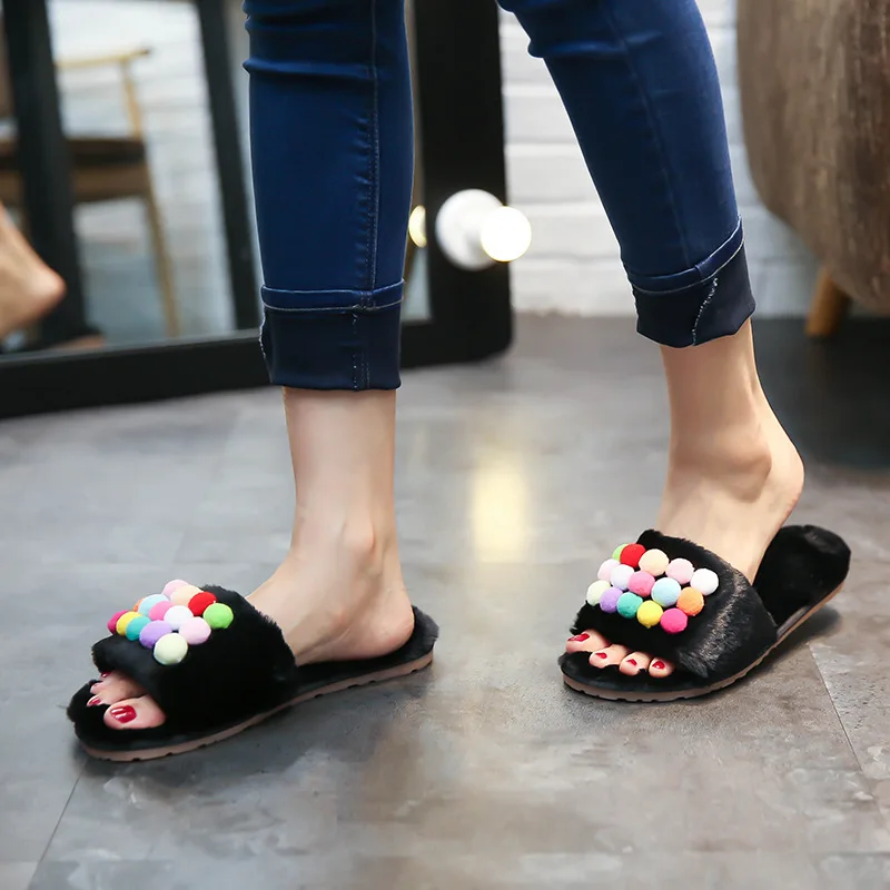 

Autumn And Winter New Style Candy-Colored Furry Ball Slipper Women's Anti-slip Warm Home Slippers Plush Thick Bottomed Cotton Sl