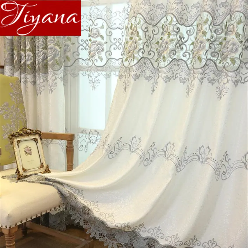 

Luxury Grey Curtains Peony Embroidery for Window Bedroom Treatment Sheer Fabric Tulle Curtains for Living Room Drape T&147#30