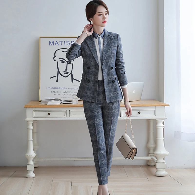 

2019 autumn new ladies professional suit Double-breasted long-sleeved slim autumn blazer Trendy trouser suit Female two-piece