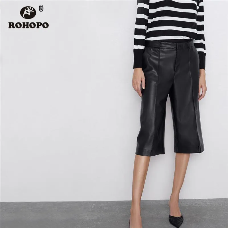 

ROHOPO Leather Knee Length Pant High Waist Front Zipper Fly Faxu Leather Solid Black Short Pants Straight Half Trousers #1395