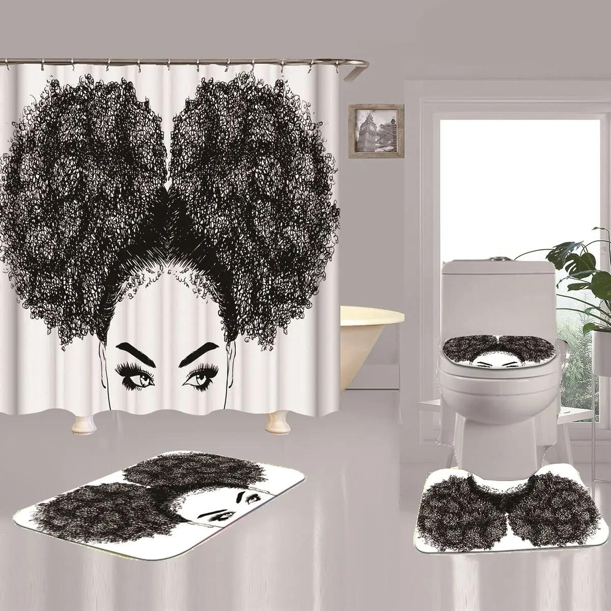 

New 4pcs/Set Figure Print Non Slip Toilet Cover Mat Waterproof Shower Curtain With 12 Hooks For Bathroom Curtains Cover Mat Set