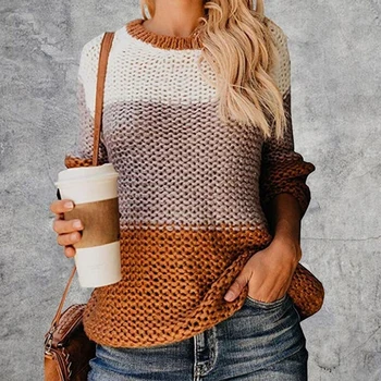 

autumn Fashion O-neck Sweater Women Patchwork Knitted Pullover ladies Slim Soft Jumper Sweater Female Knit Tops