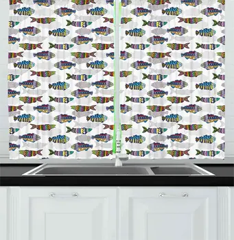 

Marine Kitchen Curtains Fish Pattern with Ornamental Colorful Underwater Illustration Window Curtain for Kitchen Cafe Decor 55