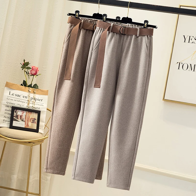 

Winter Elastic Waist Women's Woolen Pants With Belt Ladies High Waist Ankle Length Soft Warm Loose Cusaul Harem Pants Plus Size