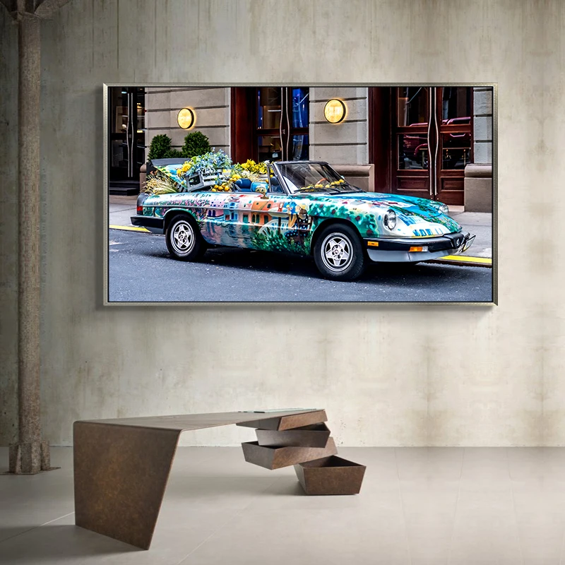 Graffiti Art Modern Car With Flowers Paintings Print On Canvas Art Posters And Prints Landscape Wall Art Picture For Living Room Painting Calligraphy Aliexpress