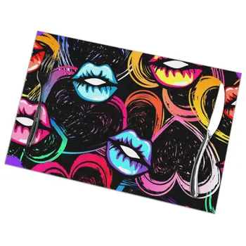 

Set of 6 Abstract Kiss Lips And Hearts Pop Art Placemats for Dining Table Place Mat in Kitchen Accessories Cup Wine Mat