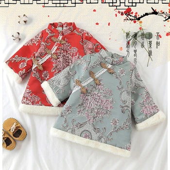 

Baby Tang Suit Chinese Traditional Kid's Embroidery Cheongsam New Year Newborn Infant Girls Party Dress Fleece Oblique Collar