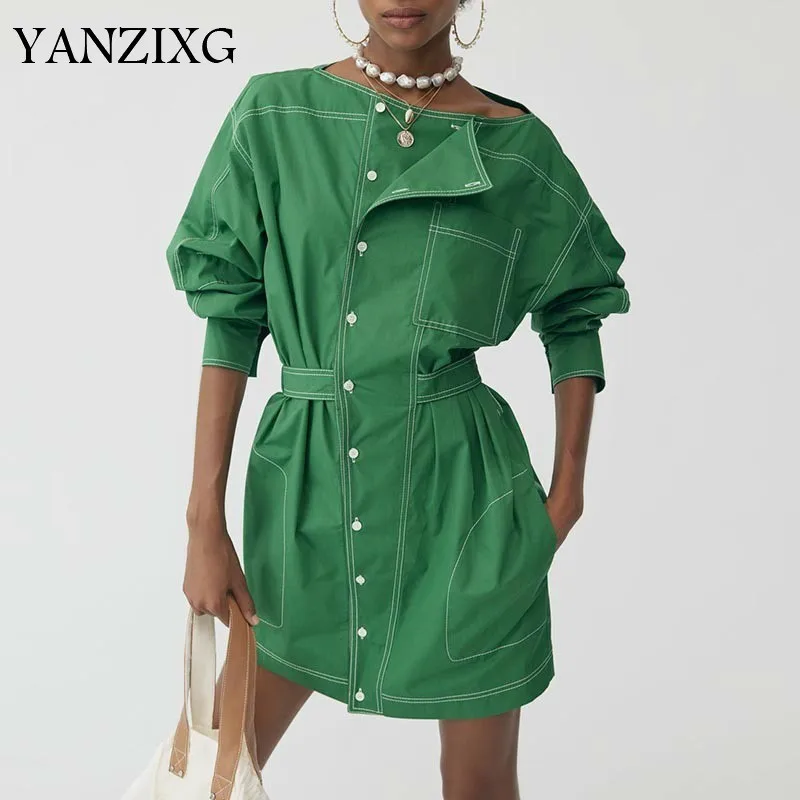 

2019 Autumn Winter New Fashion Trend Clothing Long-sleeved Solid Color One-line Collar Green Lace Dress Z691