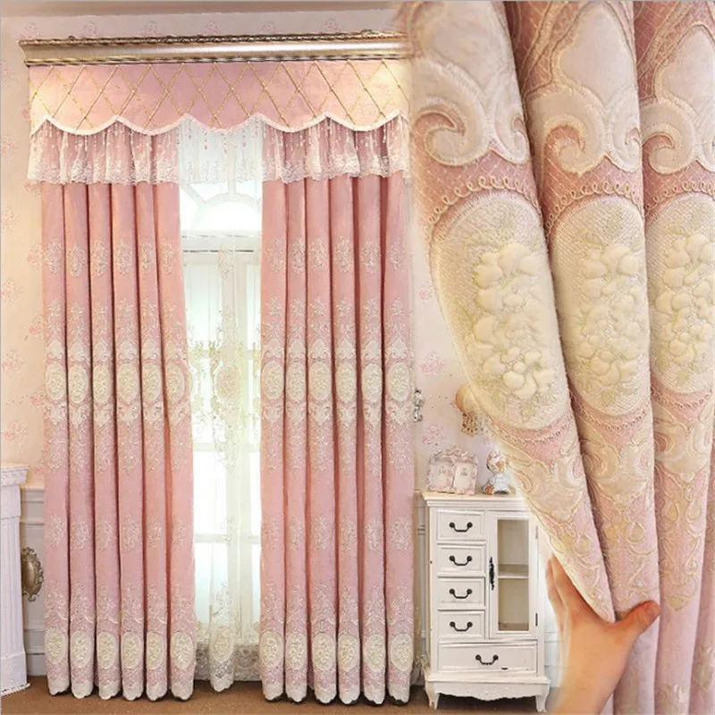 

New luxury chenille embroidered curtains finished custom for living room high quality pink blue curtains for bedroom girls room