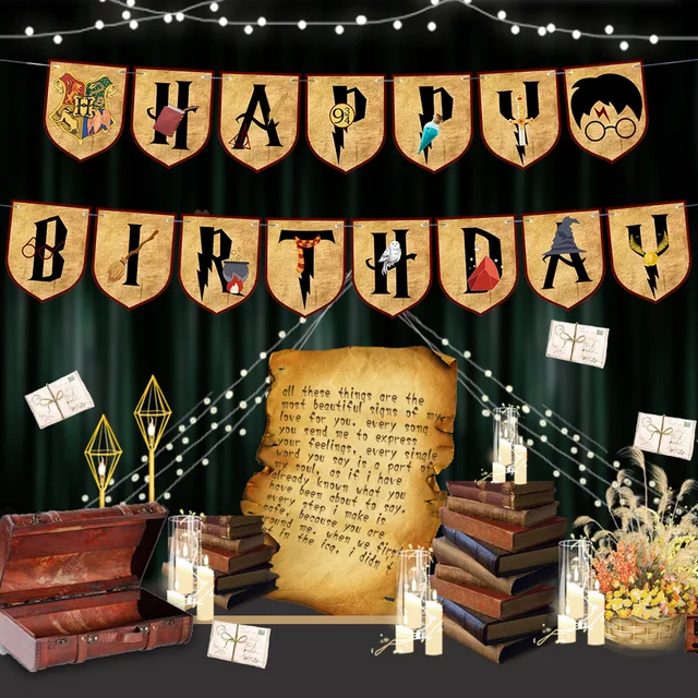 Conjunto de decoración para fiesta de cumpleaños temática de Harry Potter,  bandera de mago, sombrero de mago, gafas, tarjeta para pastel, tarjeta con  globo Sincero Electrónica