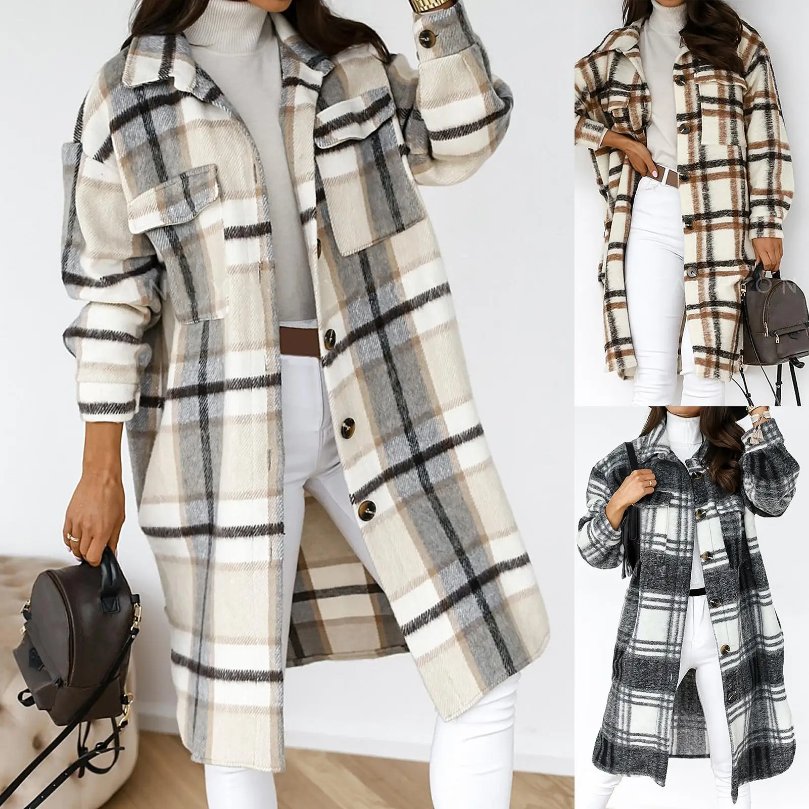 HOT SALES！！！New in Jacket Autumn Winter Women Plaid Buttons Long Sleeve Lapel Jacket Knee-length Overcoat
