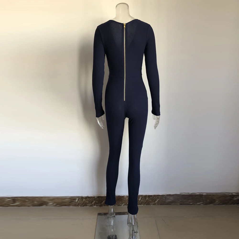 Navy Blue Ribbed Fitness Active Wear Rompers Womens Jumpsuit Zipper V Neck Sexy Fashion Long Sleeve Workout Sporty Jumpsuit