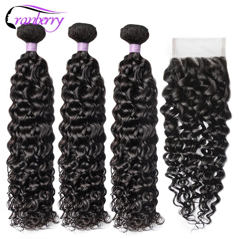 

CRANBERRY Hair Peruvian Water Wave Bundles With Closure 4pcs/Lot 100% Remy Human Hair Bundles With Closure Free Shipping