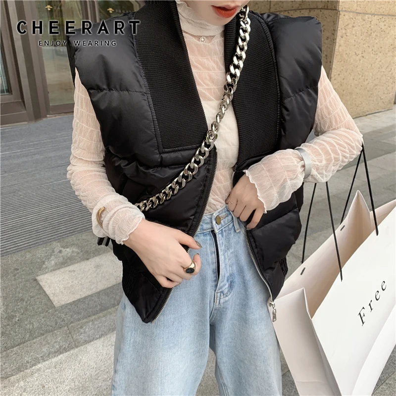 CHEERART V Neck Quilted Vest Women Sleeveless Jacket Short Coat Waistcoat Puffer Ladies Female Autumn 2019 | Женская одежда