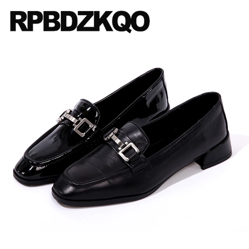 

black leather pumps low heels designer vintage ladies 2019 modern shoes footwear thick block patent metal square toe chunky