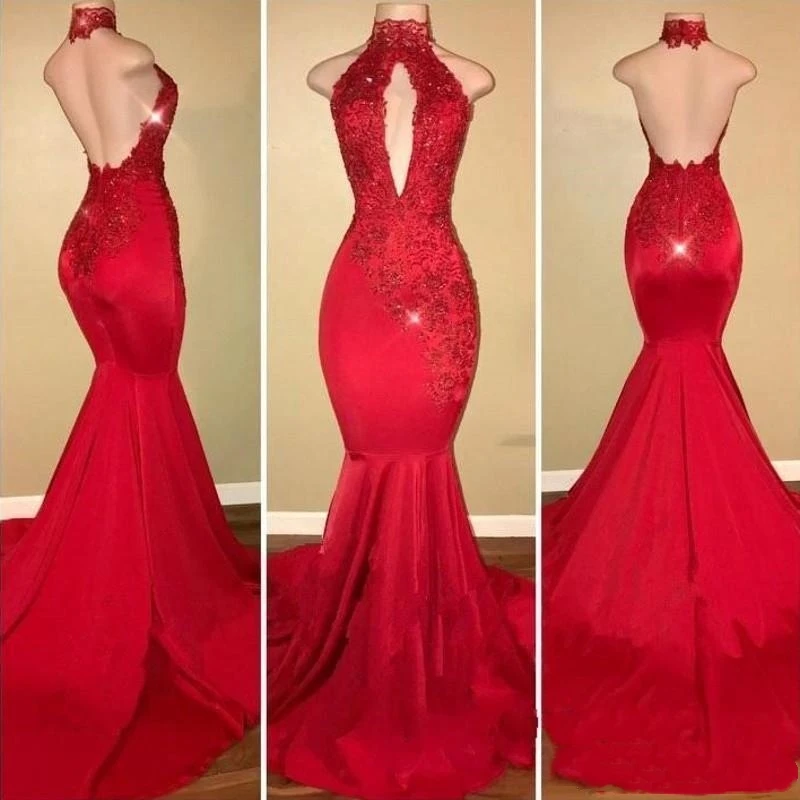 red halter neck prom dress