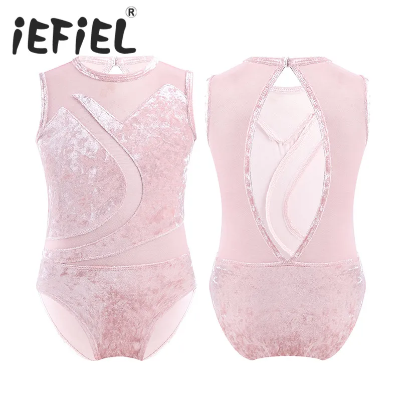 

Kids Girls Sleeveless Soft Comfortable Pleuche Mesh Splice Cutout Back Ballet Dance Gymnastics Leotard Jumpsuit for Performance