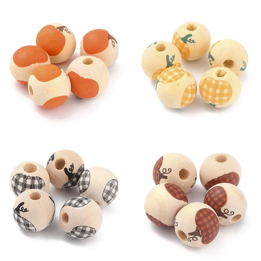 

50pcs Halloween Natural Wooden Beads Round with Pumpkin Pattern Spacer Wood Beads for Jewelry Making Fall Garland Decor 16X15mm