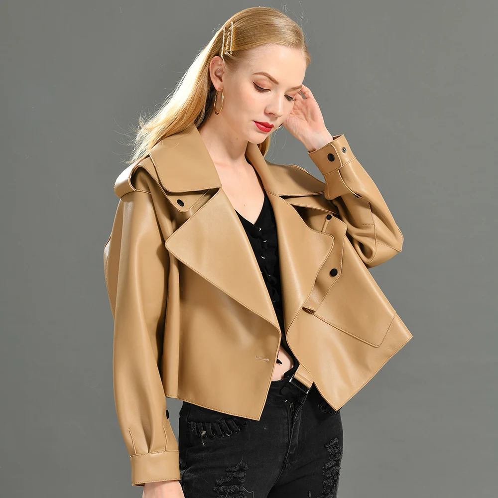 2022 New Fashion Real Leather Jacket Turn-down Collar Loose Casual Outerwear Patchwork Leather Coat bubble coat women