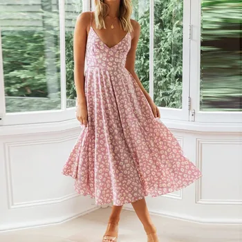 

2020 Summer Dress For Women Sexy Casual Sleeveless Dress Floral V-neck Split Ruffled Beach Long Dress Robe Femme Boho Dress #38