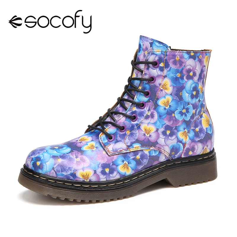 SOCOFY Blue Purple Flowers Printed Boots Wearable Comfy Lace-up Work Style Casual Outdoor Party Shoes Botas Mujer 2020 | Обувь