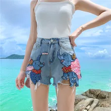 Женские повседневные летние джинсовые шорты с высокой талией, женские модные джинсовые шорты с вышитым слоном, Синие рваные дырявые джинсовые шорты, большие размеры
