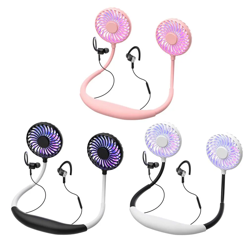 New Portable USB Rechargeable Bluetooth Headset Double Neck Fan Air Cooler Summer Mini Fan Headset with LED Light Aromatherapy