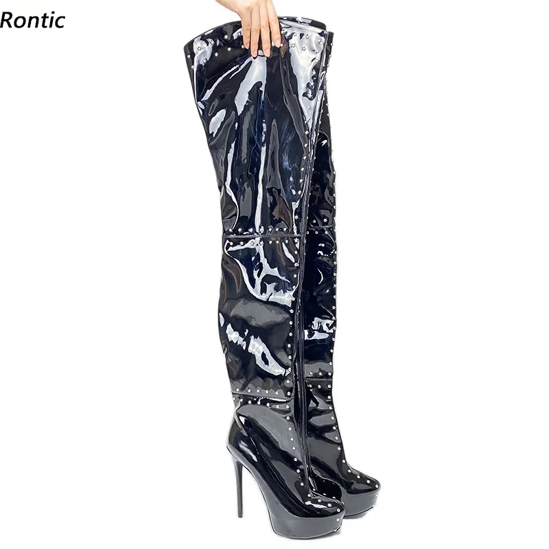 

Rontic Women Winter Platform Thigh Boots Men Patent Sexy Rivets Stiletto Heels Round Toe Black Night Club Shoes US Size 5-20