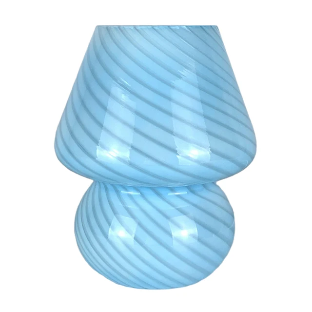 Glass LED Desk Lamp For Bedroom Bedside Korean Modern ​Striped Mushroom Table Lamp Decor Cute Glass Translucent Bedside Lamp Blue stripe