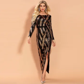 

Full Sleeve Sequins Formal Party Gown Women Sexy Slim High Split O-neck Evening Party Dress Elegant Long Robe De Soiree
