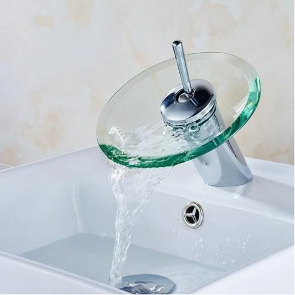 

Glass Waterfall Bathroom Kitchen Sink Round Waterfall Faucet Brass Chrome Basin Faucet Single Lever Hot and Cold Mixer Tap